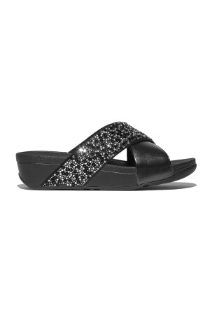 FitFlop Lulu Crystal-Mix Metallic Cross Slides all black 