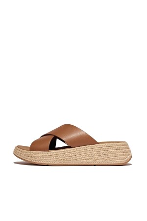 FitFlop F-Mode Espadrille Leather Flatform Cross Slides deep tan 