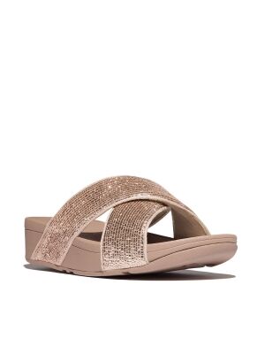 FitFlop Lulu Crinkled-Shimmer Cross Slides metallic classis beige