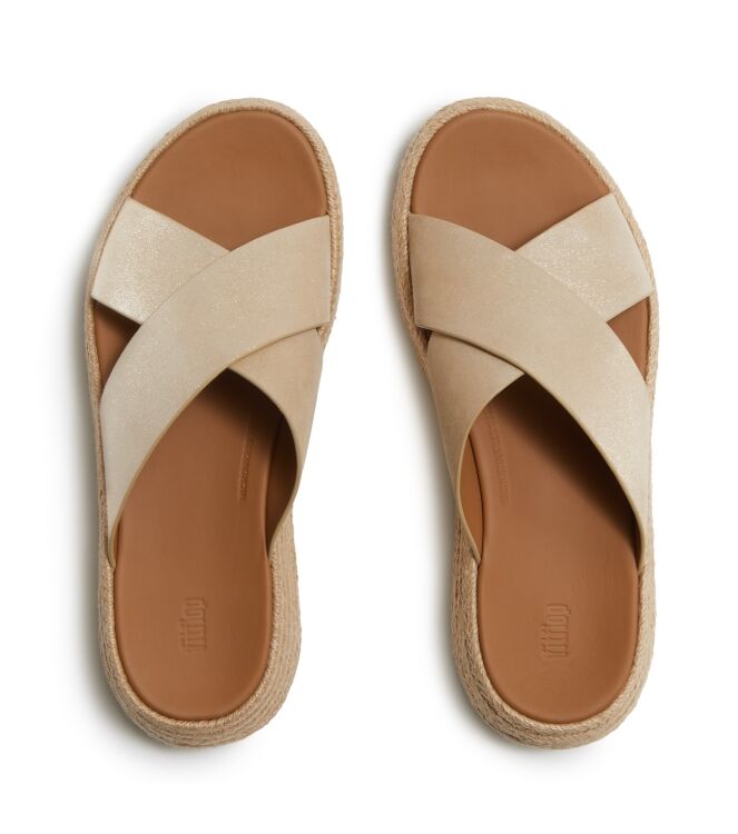 FitFlop f-mode espadrille shimmersuede cross slides platino Direct leverbaar uit de webshop van www.meijerink-schoenen.nl/