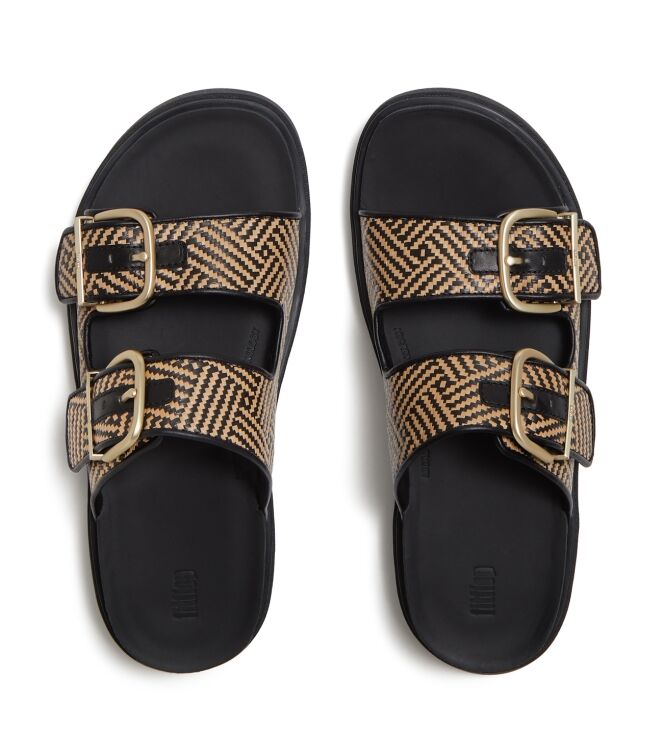 FitFlop gen-ff buckle graphic-weave two-bar slides black Direct leverbaar uit de webshop van www.meijerink-schoenen.nl/