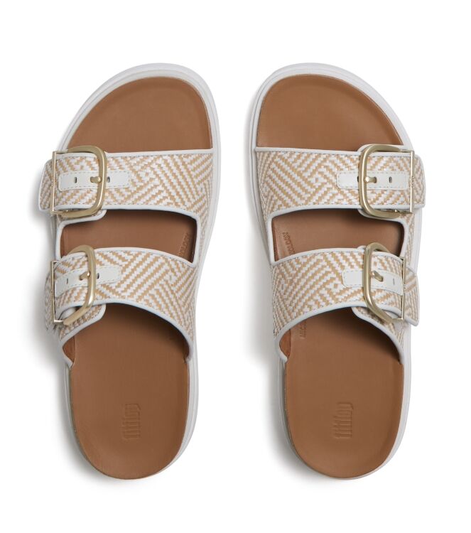 FitFlop gen-ff buckle graphic-weave two-bar slides urban white Direct leverbaar uit de webshop van www.meijerink-schoenen.nl/