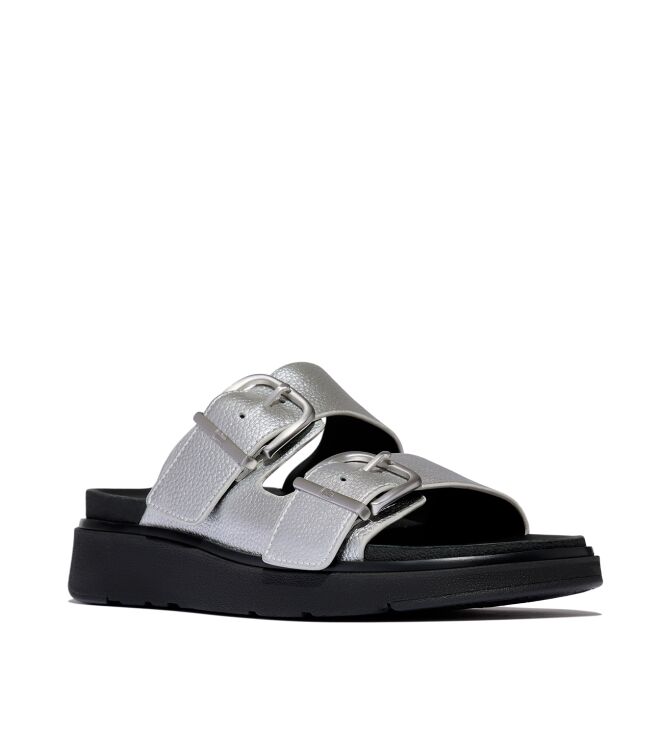 FitFlop gen-ff buckle tumbled-leather two-bar slides silver Direct leverbaar uit de webshop van www.meijerink-schoenen.nl/