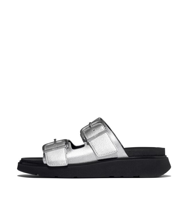 FitFlop gen-ff buckle tumbled-leather two-bar slides silver Direct leverbaar uit de webshop van www.meijerink-schoenen.nl/