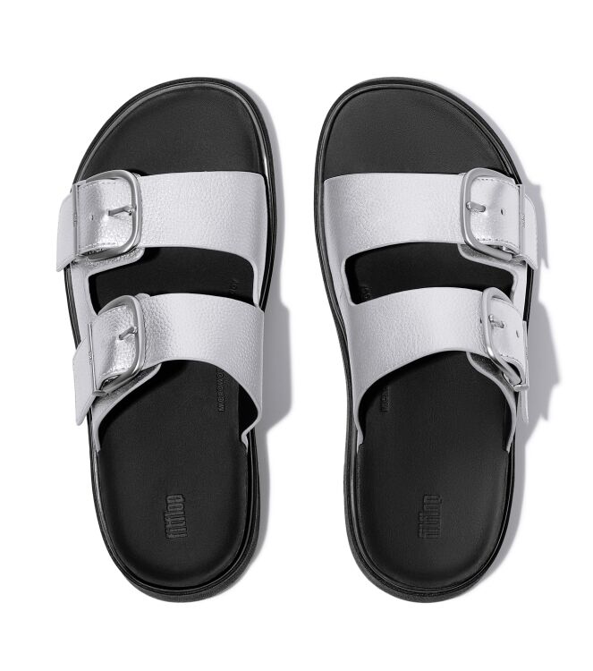 FitFlop gen-ff buckle tumbled-leather two-bar slides silver Direct leverbaar uit de webshop van www.meijerink-schoenen.nl/