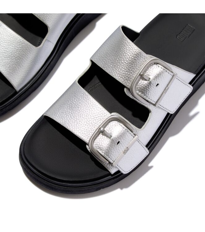 FitFlop gen-ff buckle tumbled-leather two-bar slides silver Direct leverbaar uit de webshop van www.meijerink-schoenen.nl/