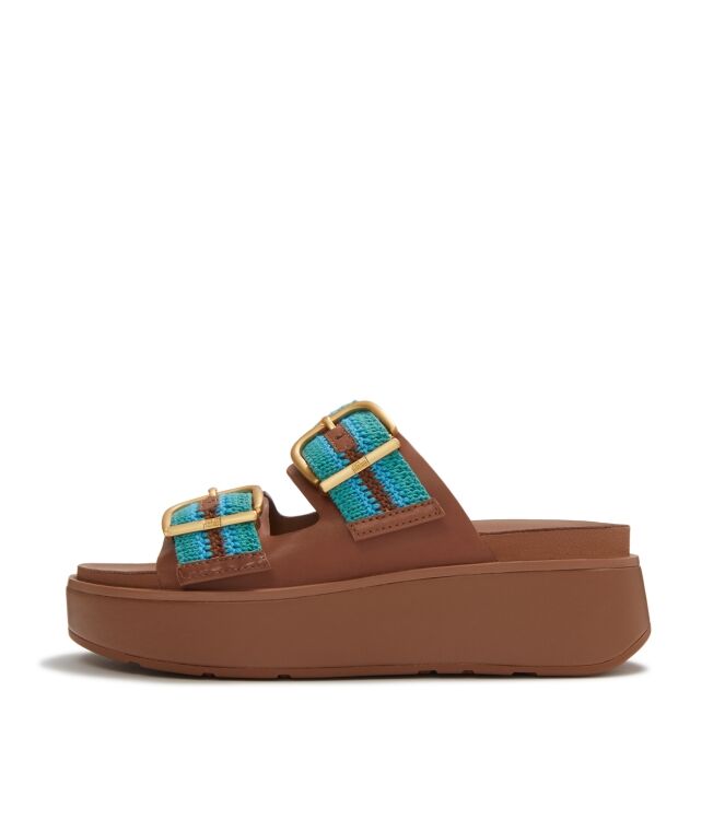 FitFlop gen-ff max buckle stripe-webbing two-bar slides deep tan/teal mix Direct leverbaar uit de webshop van www.meijerink-schoenen.nl/