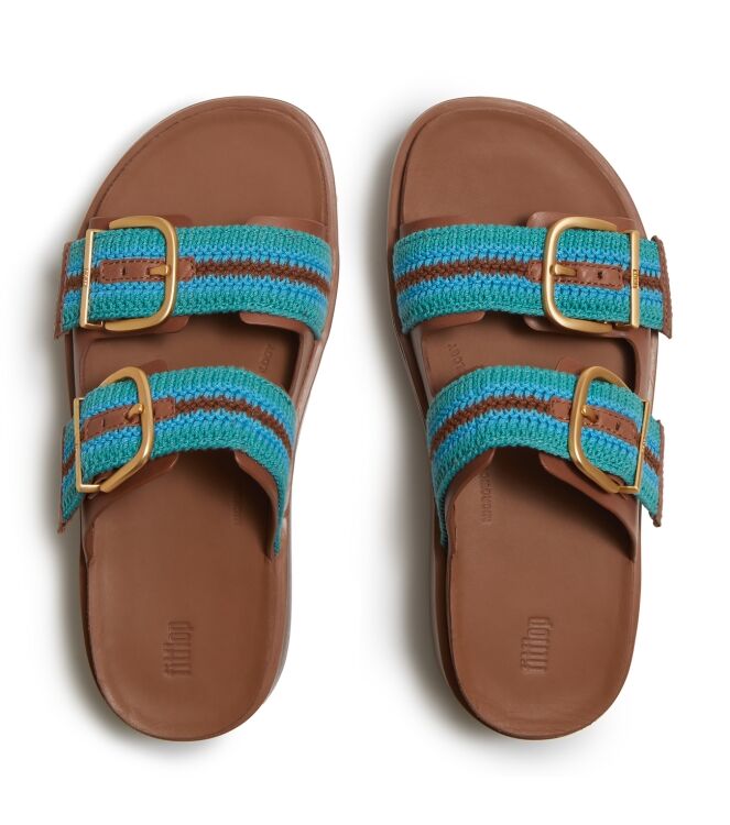 FitFlop gen-ff max buckle stripe-webbing two-bar slides deep tan/teal mix Direct leverbaar uit de webshop van www.meijerink-schoenen.nl/