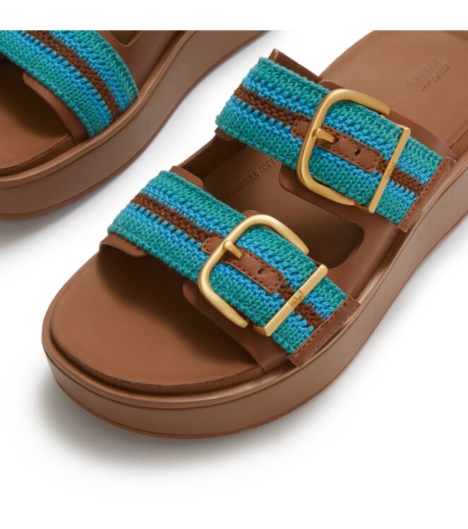 FitFlop gen-ff max buckle stripe-webbing two-bar slides deep tan/teal mix Direct leverbaar uit de webshop van www.meijerink-schoenen.nl/
