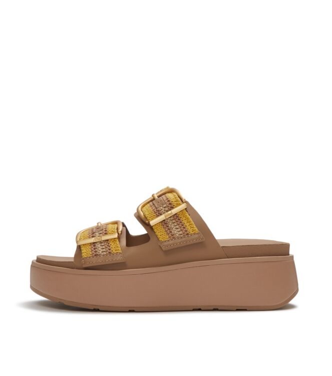 FitFlop gen-ff max buckle stripe-webbing two-bar slides turmeric/classic tan mix Direct leverbaar uit de webshop van www.meijerink-schoenen.nl/