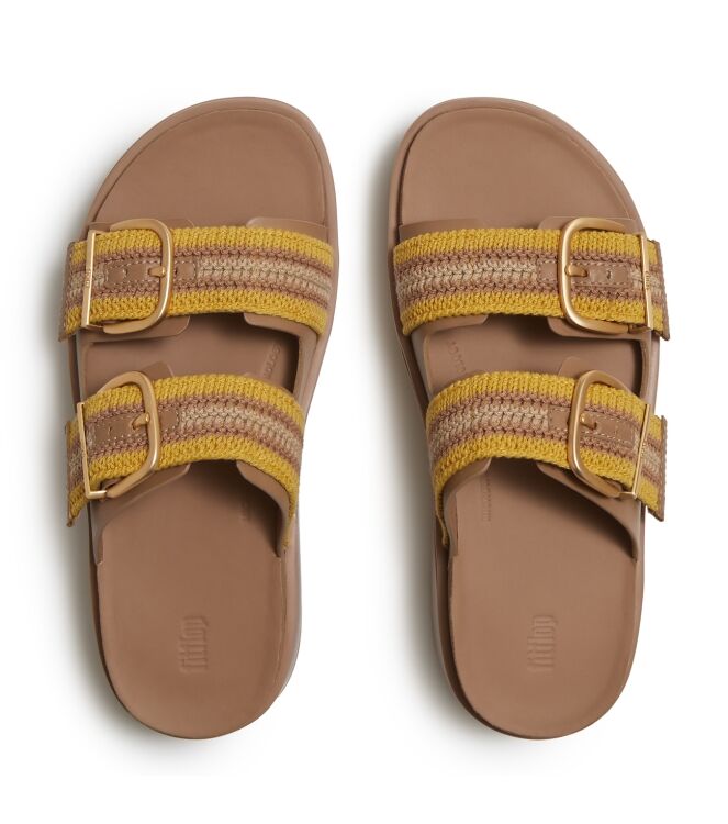 FitFlop gen-ff max buckle stripe-webbing two-bar slides turmeric/classic tan mix Direct leverbaar uit de webshop van www.meijerink-schoenen.nl/