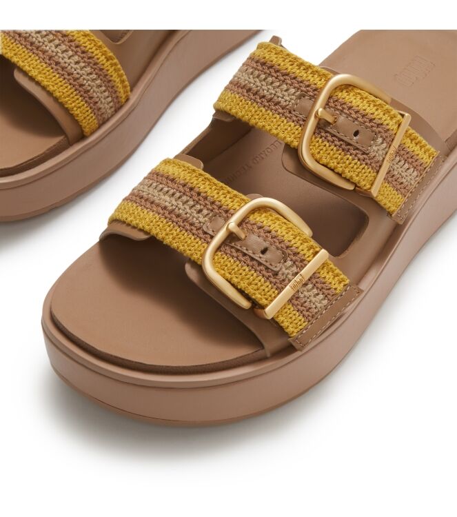 FitFlop gen-ff max buckle stripe-webbing two-bar slides turmeric/classic tan mix Direct leverbaar uit de webshop van www.meijerink-schoenen.nl/