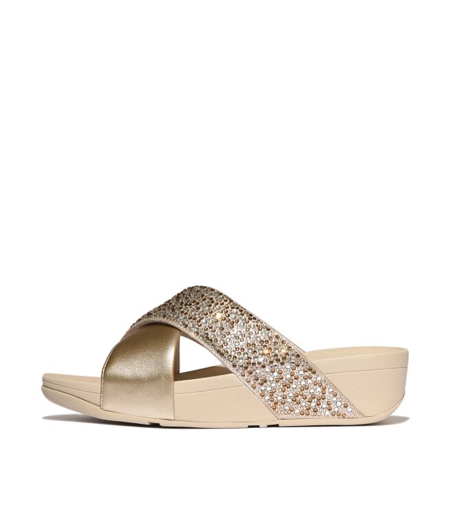 FitFlop lulu crystal-mix  metallic cross slides platino Direct leverbaar uit de webshop van www.meijerink-schoenen.nl/