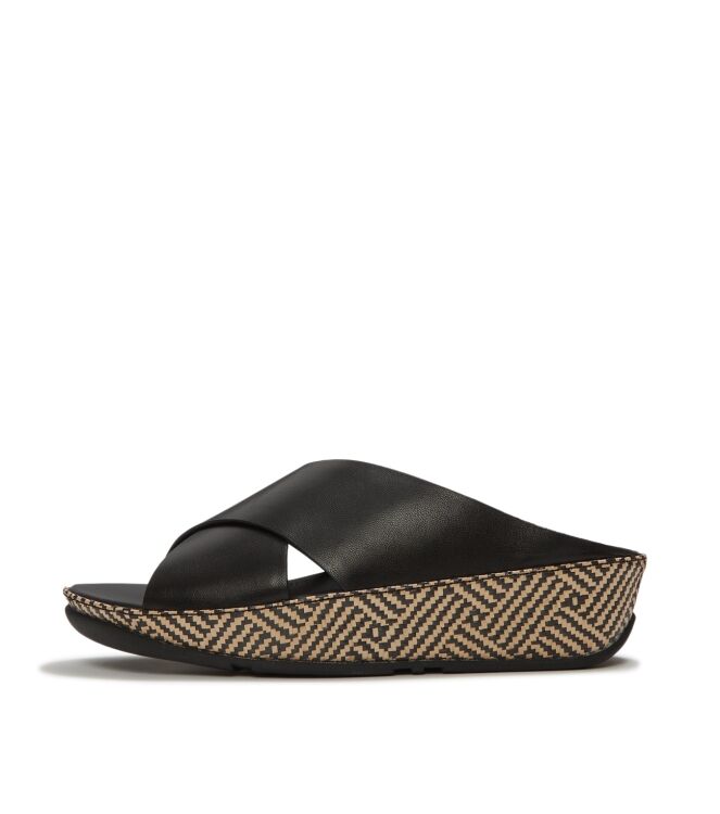 FitFlop lulu lux graphic-weave leather cross slides black Direct leverbaar uit de webshop van www.meijerink-schoenen.nl/