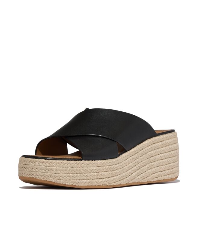 FitFlop platfforms espadrille leather wedge cross slides black Direct leverbaar uit de webshop van www.meijerink-schoenen.nl/