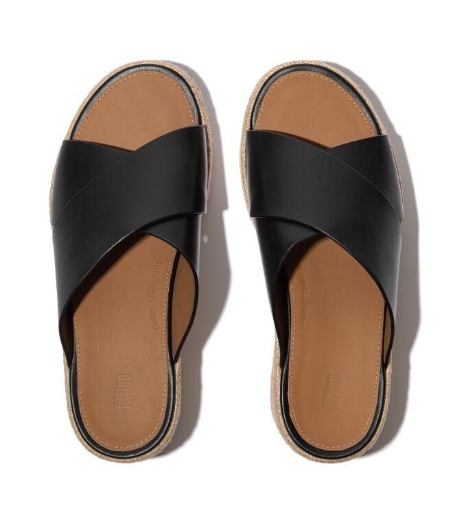 FitFlop platfforms espadrille leather wedge cross slides black Direct leverbaar uit de webshop van www.meijerink-schoenen.nl/