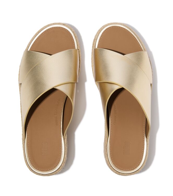 FitFlop platfforms espadrille leather wedge cross slides platino Direct leverbaar uit de webshop van www.meijerink-schoenen.nl/