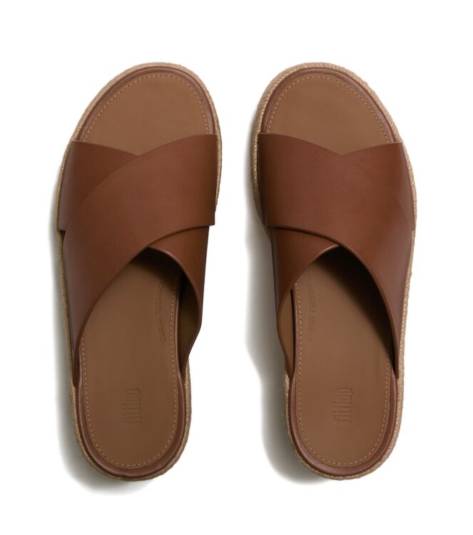FitFlop platfforms espadrille leather wedge cross slides deep tan Direct leverbaar uit de webshop van www.meijerink-schoenen.nl/