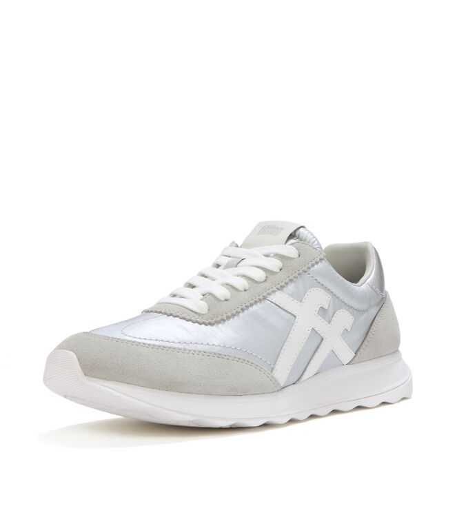 FitFlop retro-q ff metallic-fabric/suede sneakers silver/urban white Direct leverbaar uit de webshop van www.meijerink-schoenen.nl/