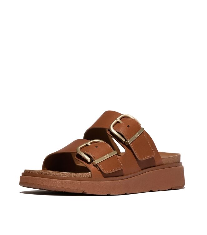 FitFlop gen-ff buckle two-bar leather slides light tan Direct leverbaar uit de webshop van www.meijerink-schoenen.nl/