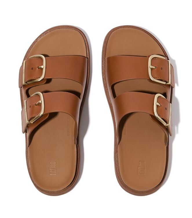 FitFlop gen-ff buckle two-bar leather slides light tan Direct leverbaar uit de webshop van www.meijerink-schoenen.nl/