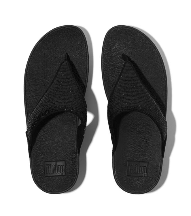 FitFlop lulu crinkled-shimmer toe-post sandals metallic black Direct leverbaar uit de webshop van www.meijerink-schoenen.nl/