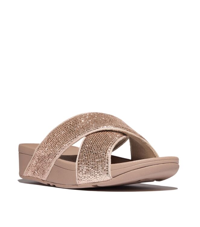 FitFlop lulu crinkled-shimmer cross slides metallic classic beige Direct leverbaar uit de webshop van www.meijerink-schoenen.nl/