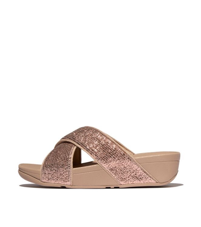 FitFlop lulu crinkled-shimmer cross slides metallic classic beige Direct leverbaar uit de webshop van www.meijerink-schoenen.nl/