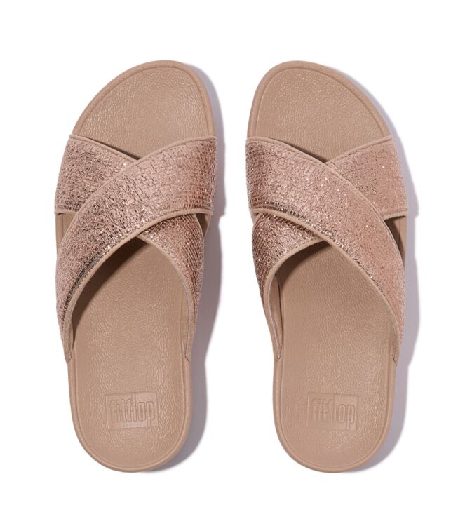 FitFlop lulu crinkled-shimmer cross slides metallic classic beige Direct leverbaar uit de webshop van www.meijerink-schoenen.nl/