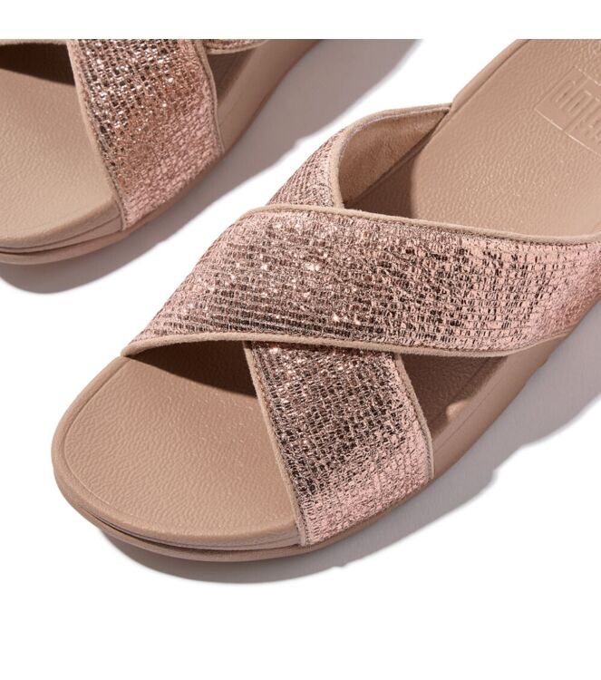 FitFlop lulu crinkled-shimmer cross slides metallic classic beige Direct leverbaar uit de webshop van www.meijerink-schoenen.nl/
