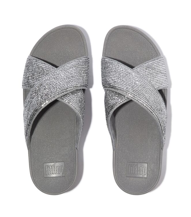 FitFlop lulu crinkled-shimmer cross slides silvereen Direct leverbaar uit de webshop van www.meijerink-schoenen.nl/
