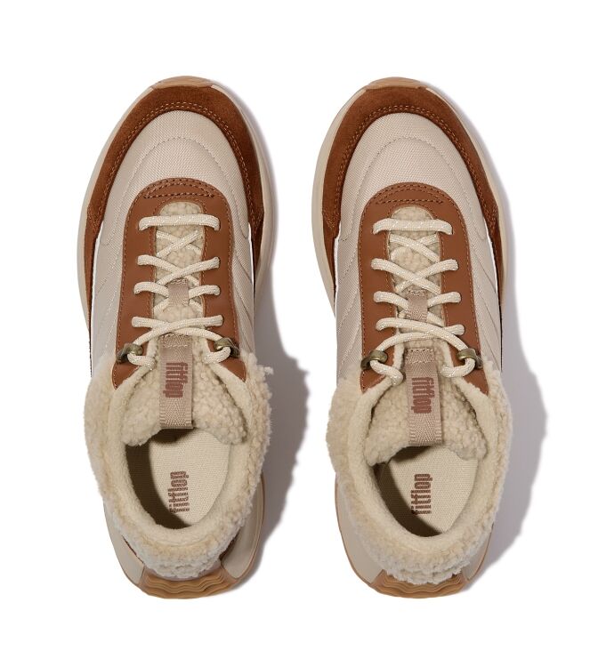 FitFlop f-mode flow shearling-mix sneakers deep tan/camel mix Direct leverbaar uit de webshop van www.meijerink-schoenen.nl/