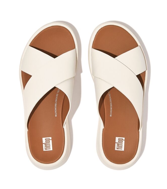FitFlop f-mode leather flatform cross slides cream Direct leverbaar uit de webshop van www.meijerink-schoenen.nl/