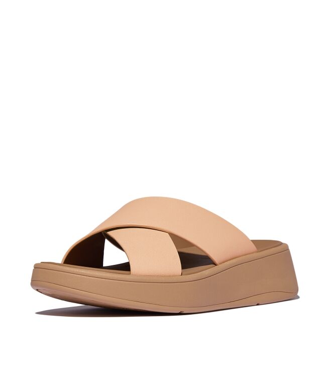 FitFlop f-mode leather flatform cross slides sandy beige Direct leverbaar uit de webshop van www.meijerink-schoenen.nl/
