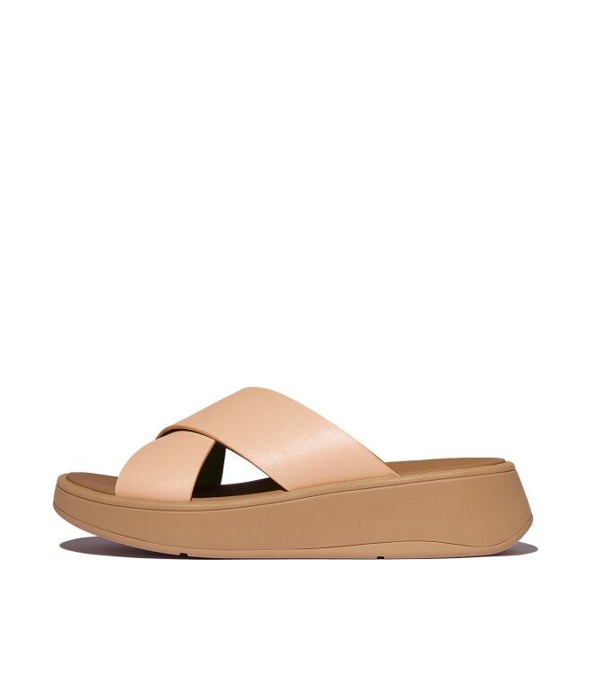 FitFlop f-mode leather flatform cross slides sandy beige Direct leverbaar uit de webshop van www.meijerink-schoenen.nl/
