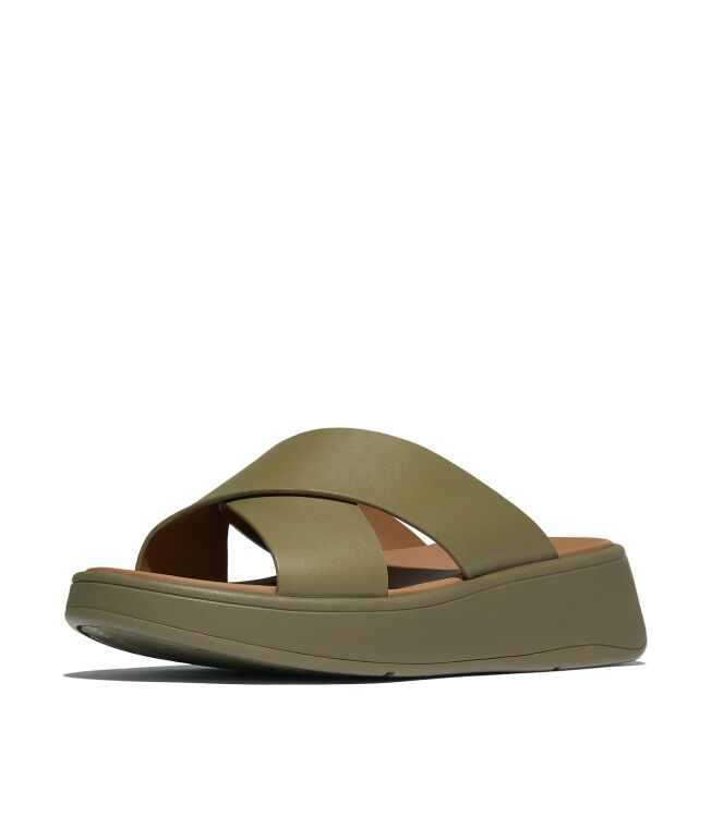 FitFlop f-mode leather flatform cross slides camo-green Direct leverbaar uit de webshop van www.meijerink-schoenen.nl/