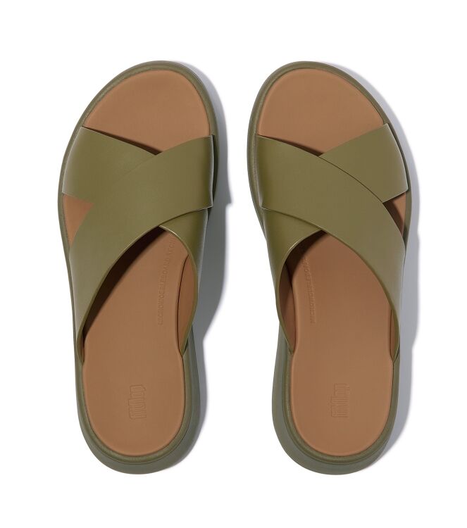 FitFlop f-mode leather flatform cross slides camo-green Direct leverbaar uit de webshop van www.meijerink-schoenen.nl/
