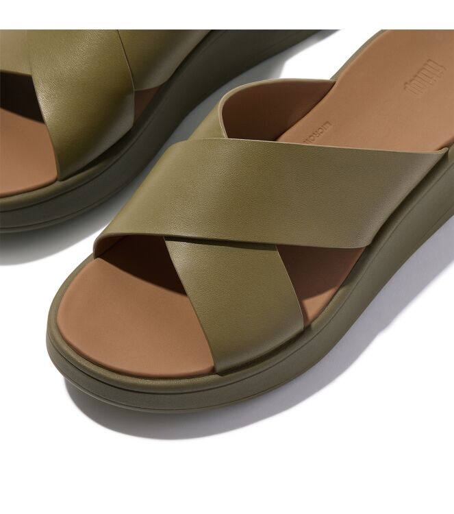 FitFlop f-mode leather flatform cross slides camo-green Direct leverbaar uit de webshop van www.meijerink-schoenen.nl/