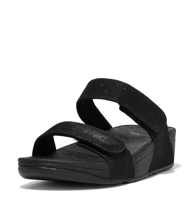 FitFlop lulu adjustable shimmerlux slides all black Direct leverbaar uit de webshop van www.meijerink-schoenen.nl/