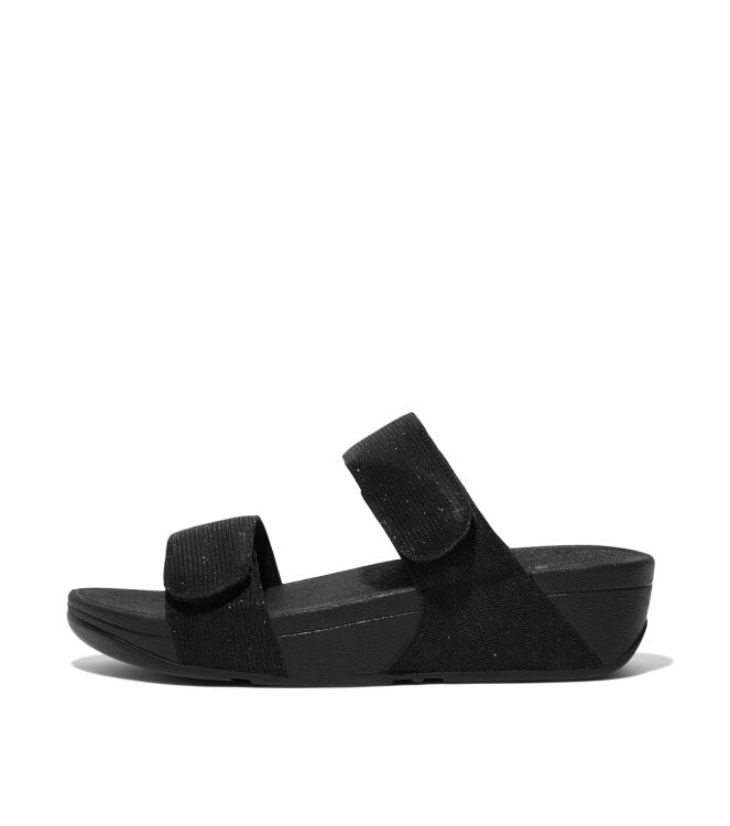 FitFlop lulu adjustable shimmerlux slides all black Direct leverbaar uit de webshop van www.meijerink-schoenen.nl/