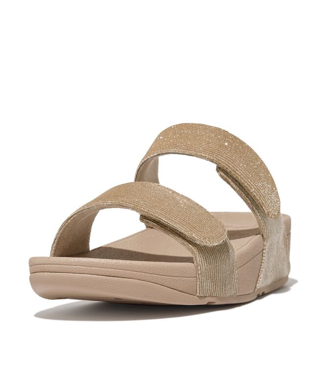 FitFlop lulu adjustable shimmerlux slides latte beige Direct leverbaar uit de webshop van www.meijerink-schoenen.nl/