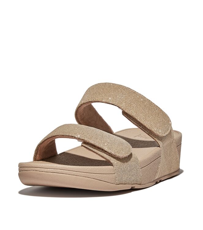 FitFlop lulu adjustable shimmerlux slides latte beige Direct leverbaar uit de webshop van www.meijerink-schoenen.nl/