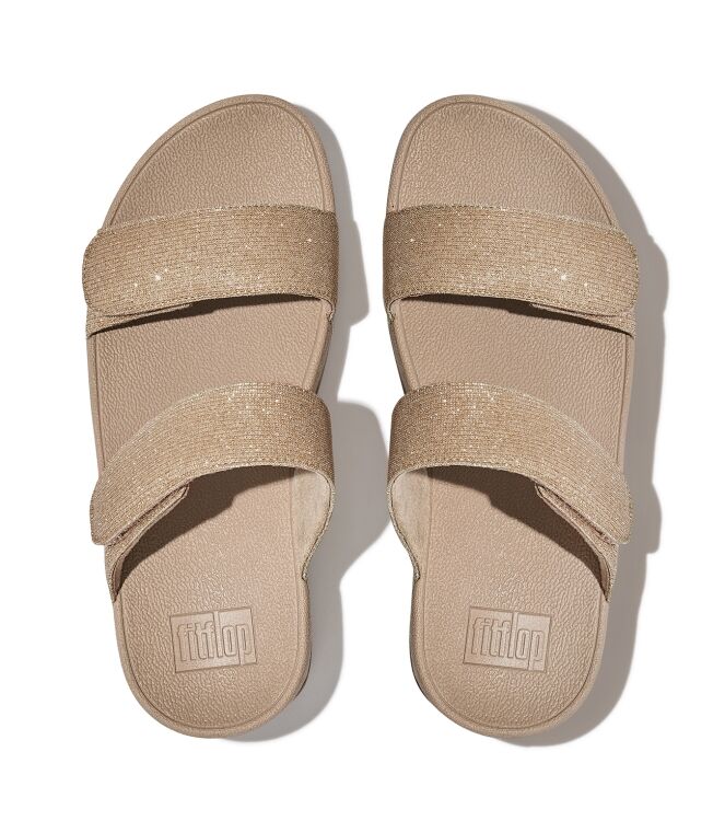 FitFlop lulu adjustable shimmerlux slides latte beige Direct leverbaar uit de webshop van www.meijerink-schoenen.nl/