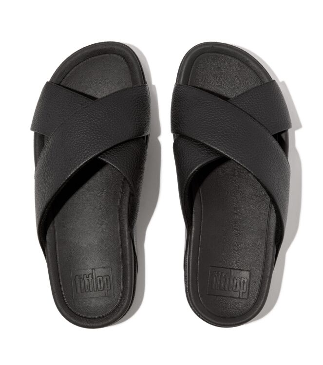 FitFlop surfer mens tumbled-leather cross slides black Direct leverbaar uit de webshop van www.meijerink-schoenen.nl/