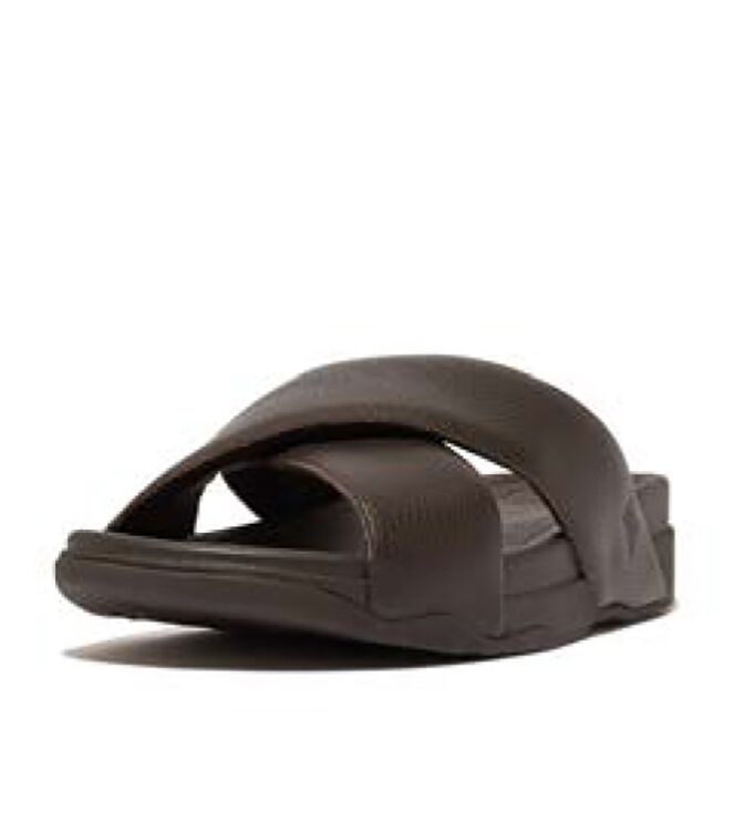 FitFlop surfer mens tumbled-leather cross slides chocolate brown Direct leverbaar uit de webshop van www.meijerink-schoenen.nl/