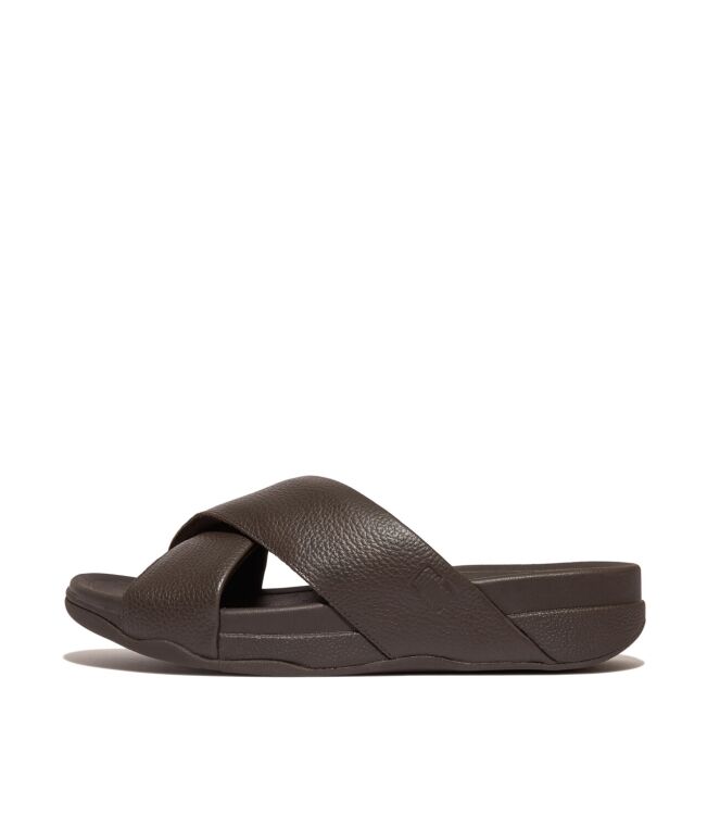 FitFlop surfer mens tumbled-leather cross slides chocolate brown Direct leverbaar uit de webshop van www.meijerink-schoenen.nl/