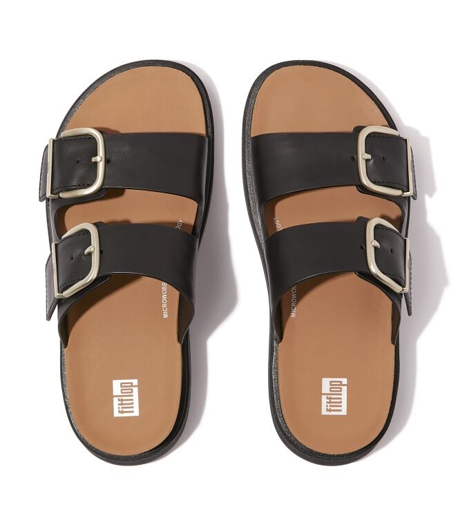 FitFlop gen-ff buckle two-bar leather slides black Direct leverbaar uit de webshop van www.meijerink-schoenen.nl/