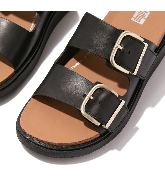 FitFlop gen-ff buckle two-bar leather slides black Direct leverbaar uit de webshop van www.meijerink-schoenen.nl/