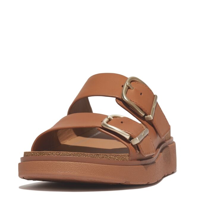 FitFlop gen-ff buckle two-bar leather slides light tan Direct leverbaar uit de webshop van www.meijerink-schoenen.nl/