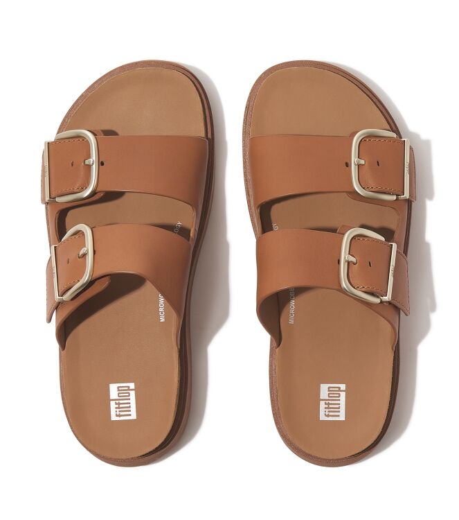 FitFlop gen-ff buckle two-bar leather slides light tan Direct leverbaar uit de webshop van www.meijerink-schoenen.nl/